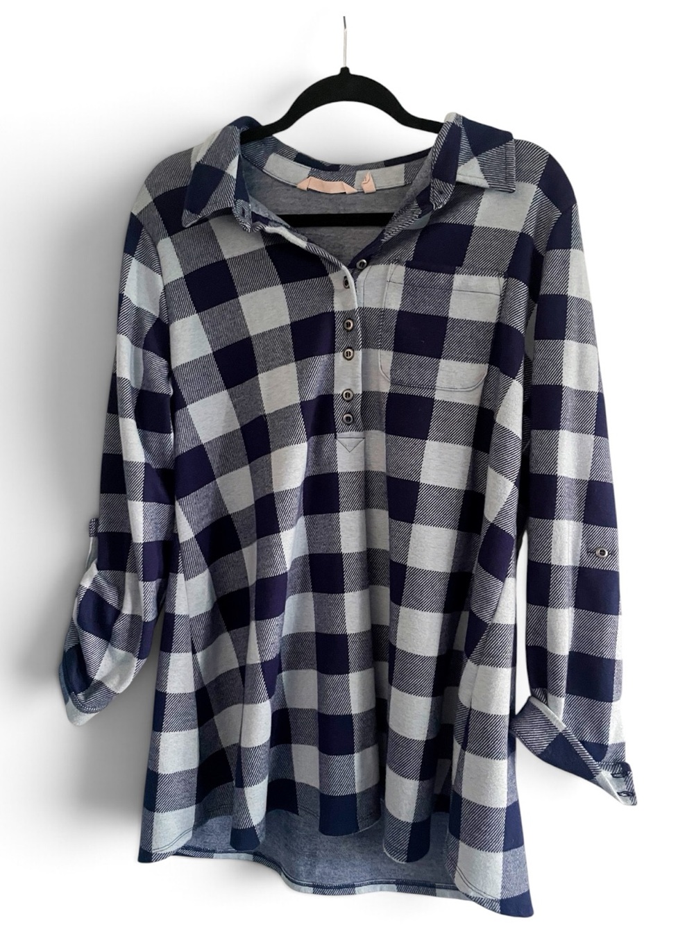 Soft Surroundings Light & Navy Blue Plaid Button-Front Tunic - Picture 3 of 6